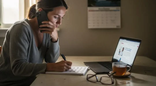 A woman sits at her kitchen table making a phone call while writing notes on a notepad next to an open laptop.