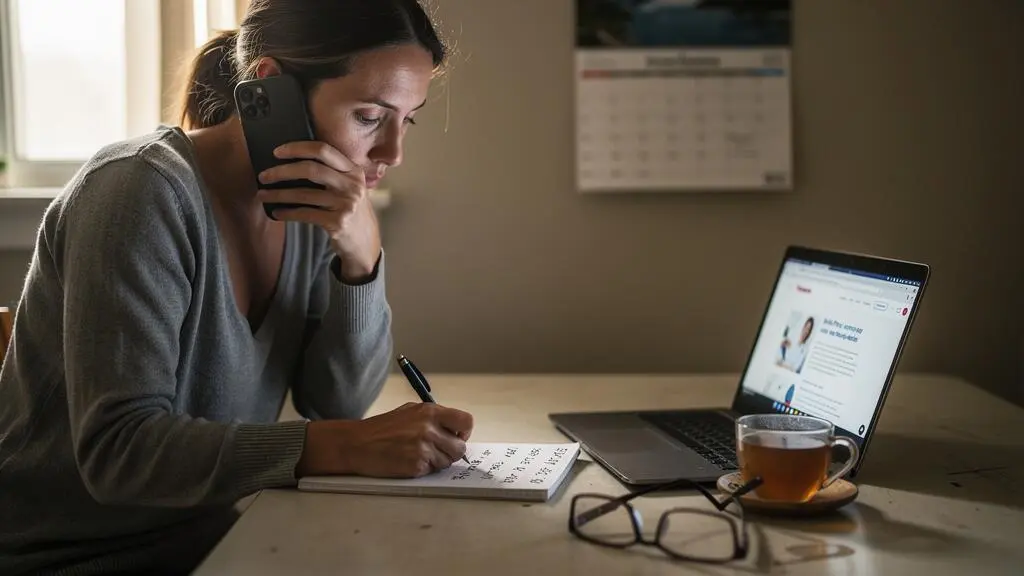 A woman sits at her kitchen table making a phone call while writing notes on a notepad next to an open laptop.
